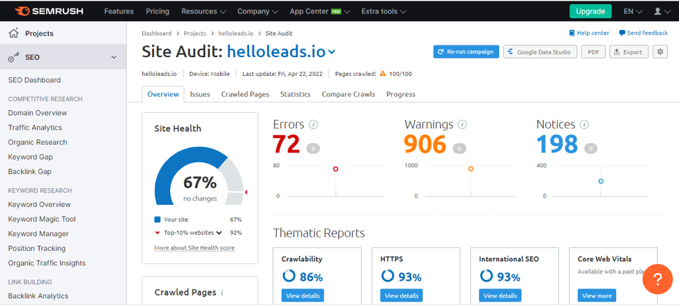 SEMRush Site Audit Tool