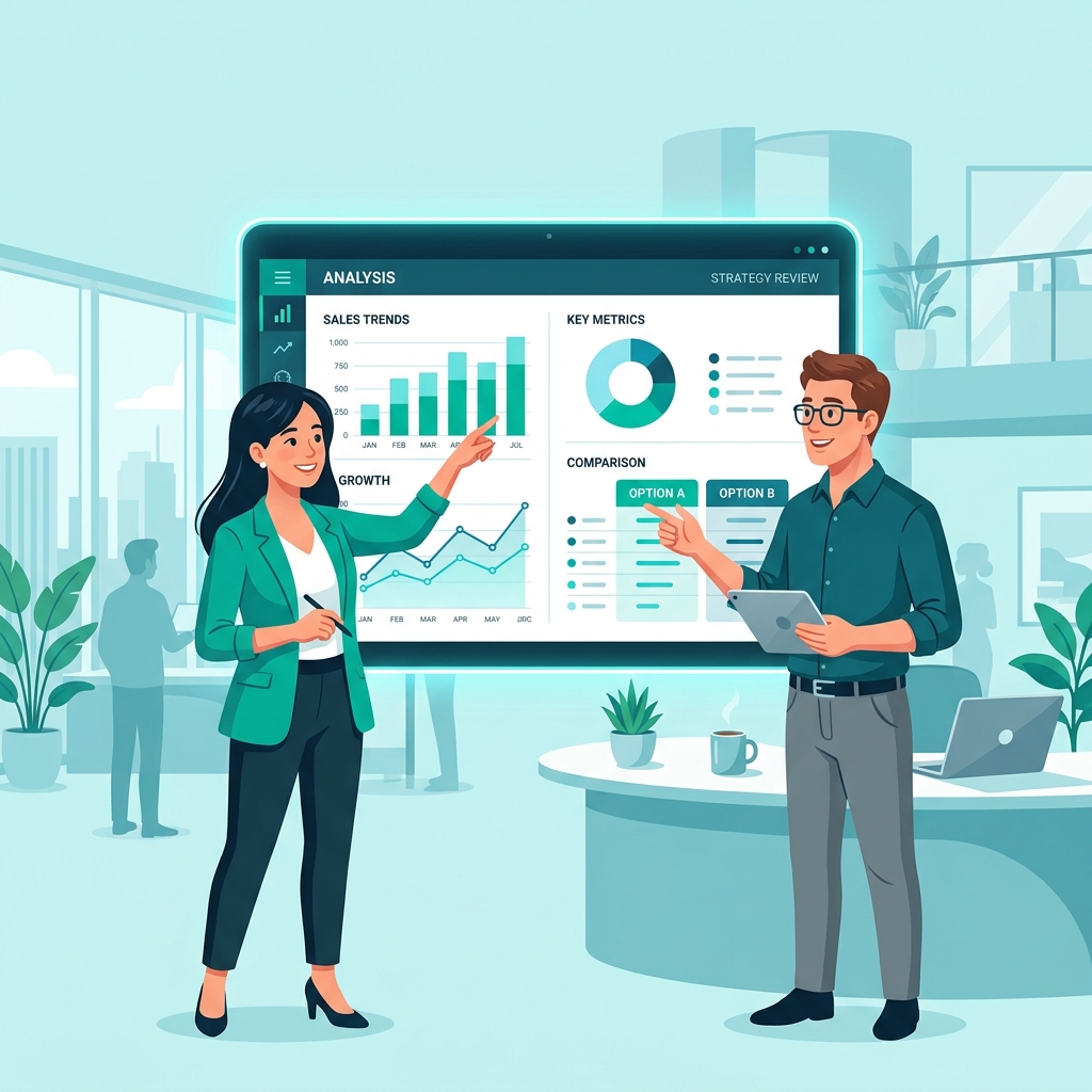 Business professionals analyzing CRM software