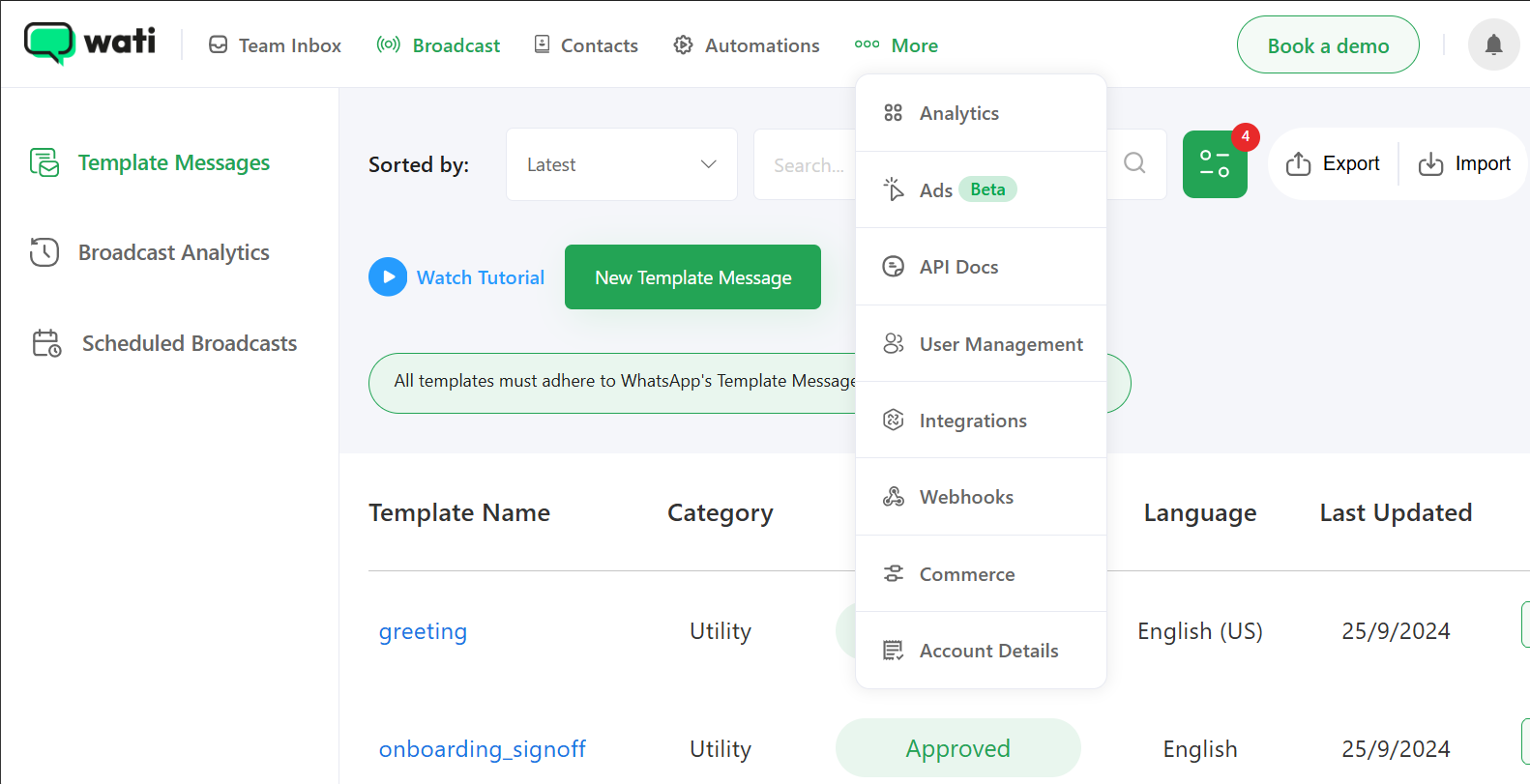 Login to your Wati account
